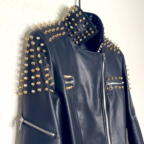 Black FAUX VEGAN Leather Studded Jacket - Picture 2 of 8